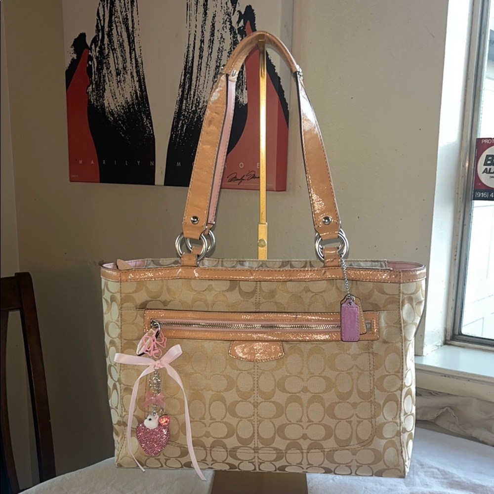 Coach Cream and Pink Tote with Signature Monogram